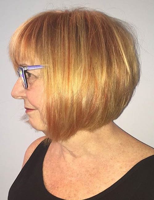 Stacked bob hairstyle for older women with glasses