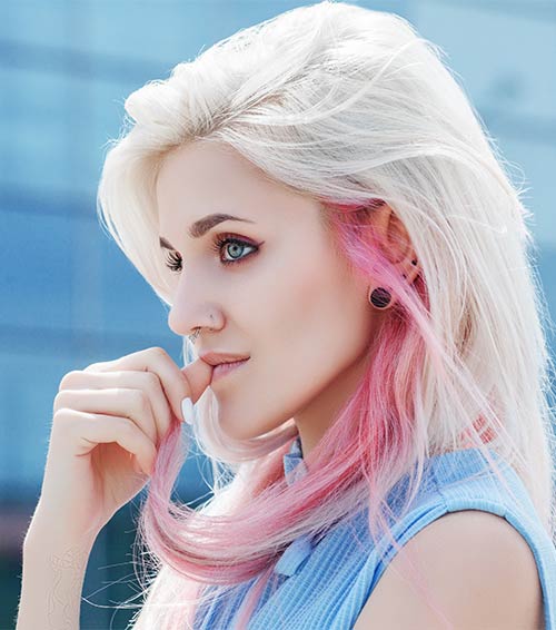 Blonde and pink two-tone hair color for a quirky look