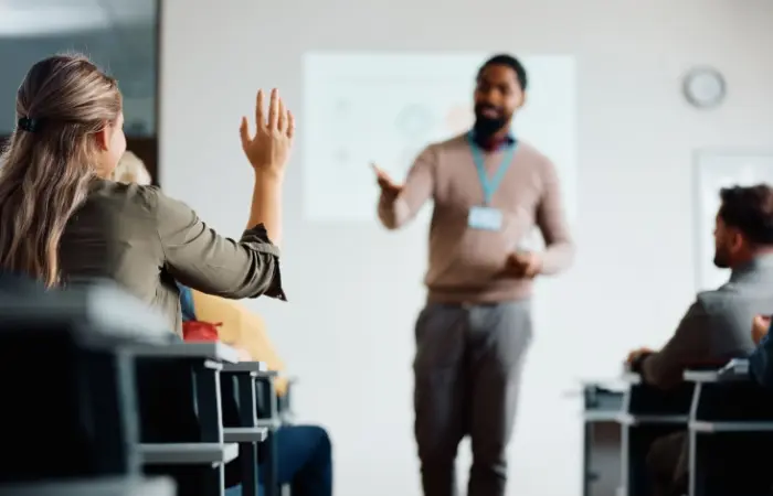 A collage student participating in class