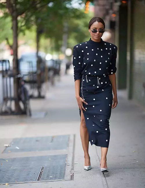 Kat Graham rocking a ultra chic blue and white polka slit dress