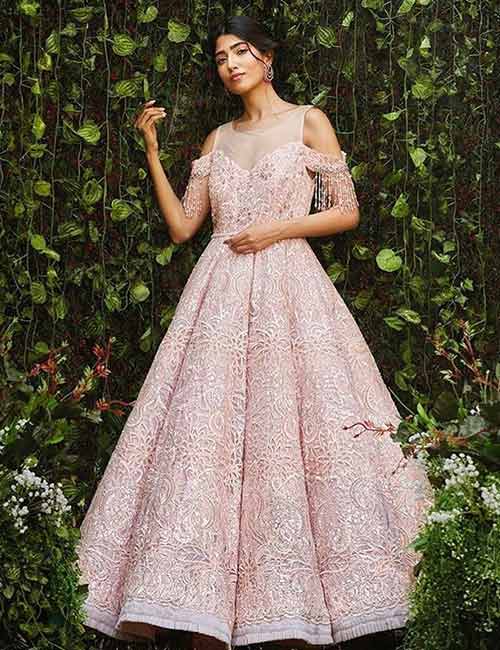 Blush pink cold-shouldered reception gown dress for Indian brides