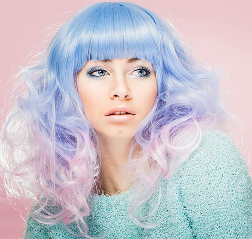 Candy pink and pastel blue for unique two-tone hair color combination