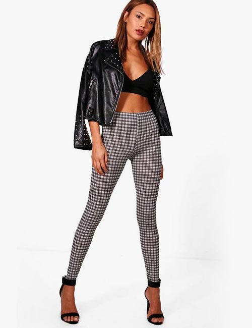 Leather jacket with checkered jersey leggings