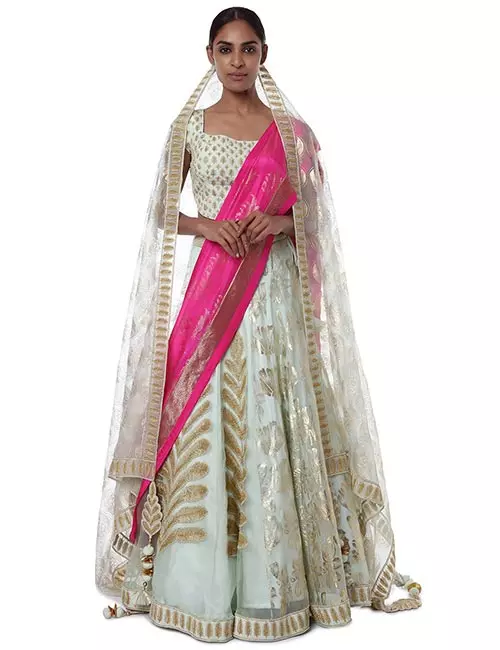 A half-and-half organza lehenga set for receptionfor Indian brides