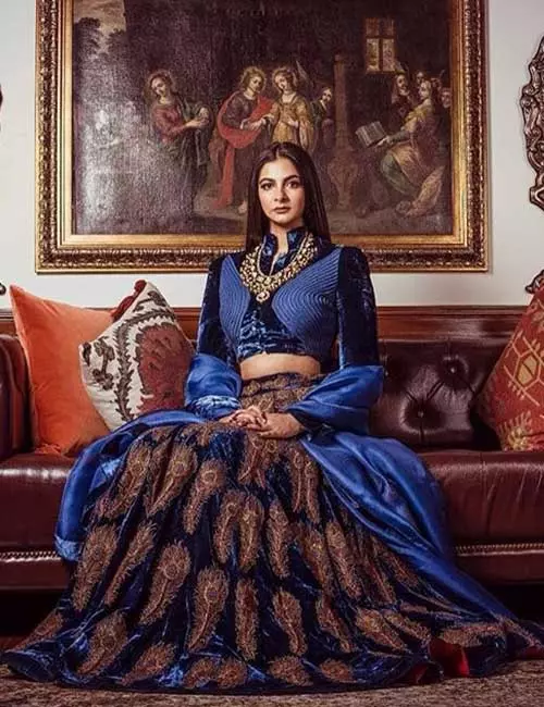 Regal blue velvet reception lehenga for Indian brides