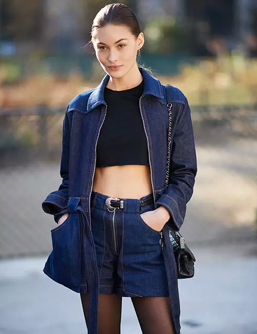 Denim shorts with black crop top and denim jacket for tomboys