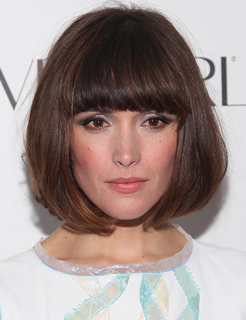 Celebs with full bangs blunt cut short hairstyles