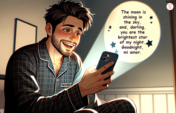 Man reads a romantic goodnight message on his phone