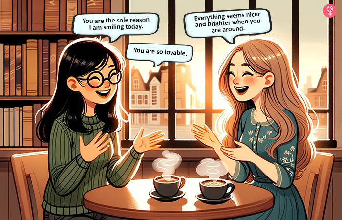 Two friends complementing each other over steaming cups of coffee at a book cafe