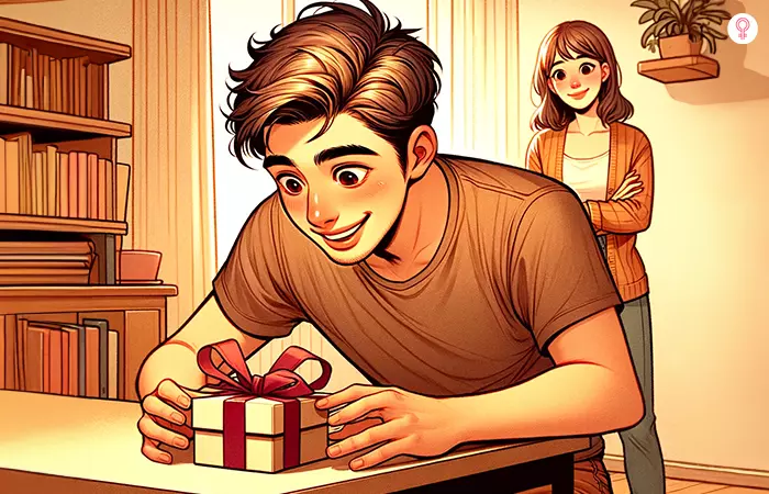 A boyfriend looking at his surprise gift