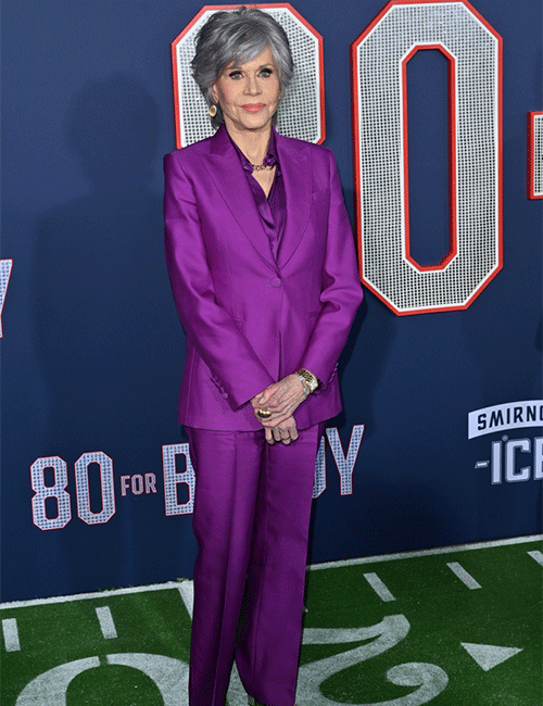 Jane Fonda in a silver pixie cut