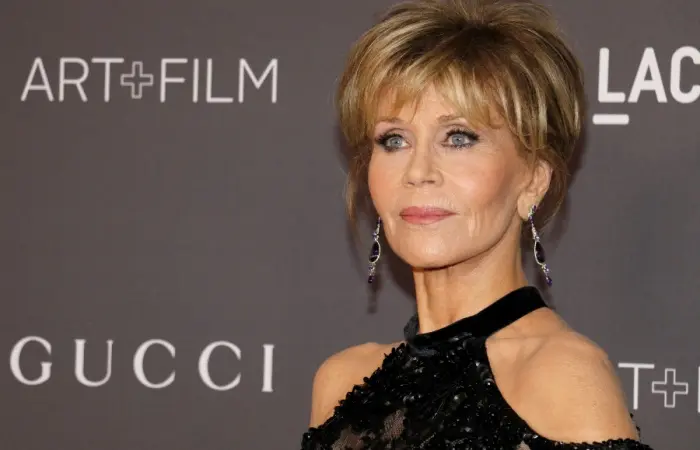 Jane Fonda in short wispy hair 