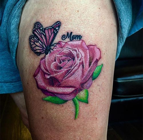Mother and daughter matching roses and butterflies tattoo