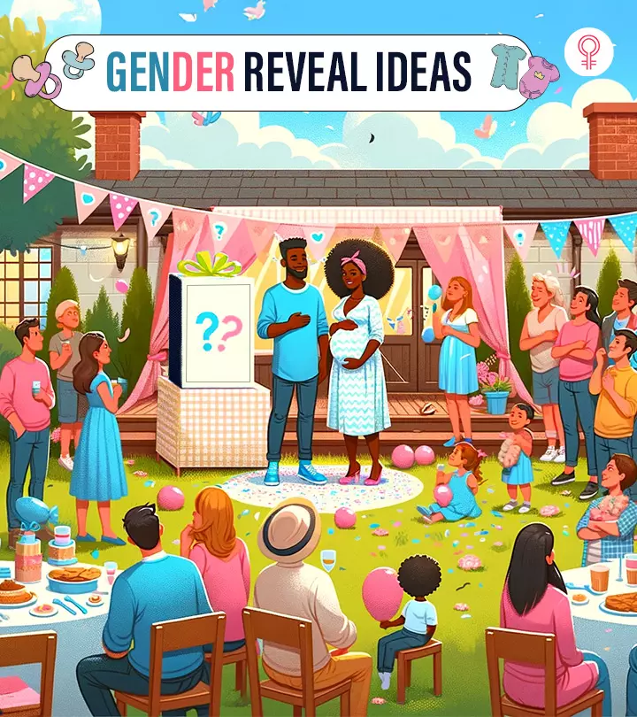 A pregnant couple surrounded by their loved ones get ready for the awaited gender reveal
