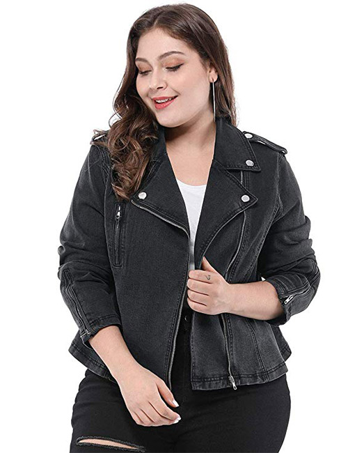 Agnes Orinda Women'S Plus Size Convertible Collar Inclined Zip Closure Denim Biker Moto Jacket