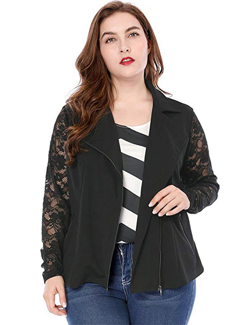 Agnes Orinda Women's Plus Size Lightweight Long Sleeves Lace Zip Moto Jacket