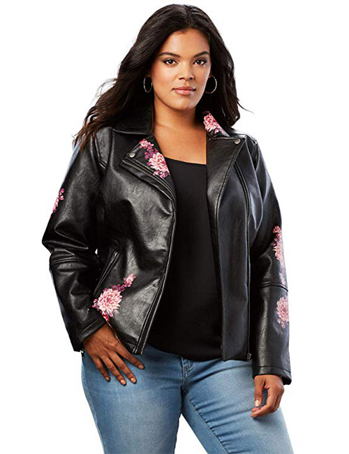 Roamans Women's Plus Size Floral Moto Jacket