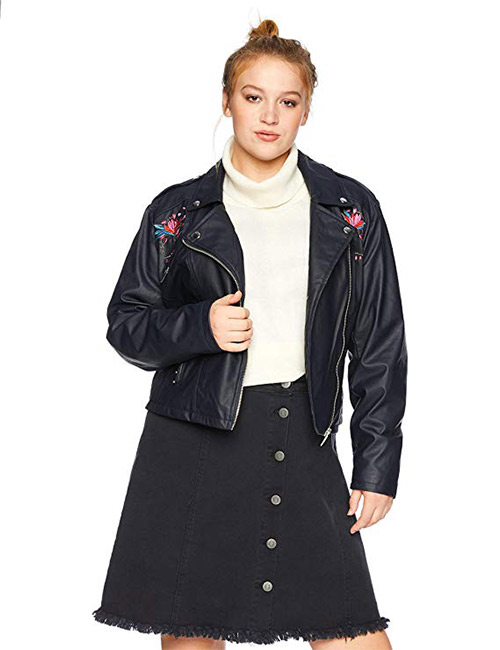 Yoki Women's Plus Size Faux Leather Embroidered Moto Jacket