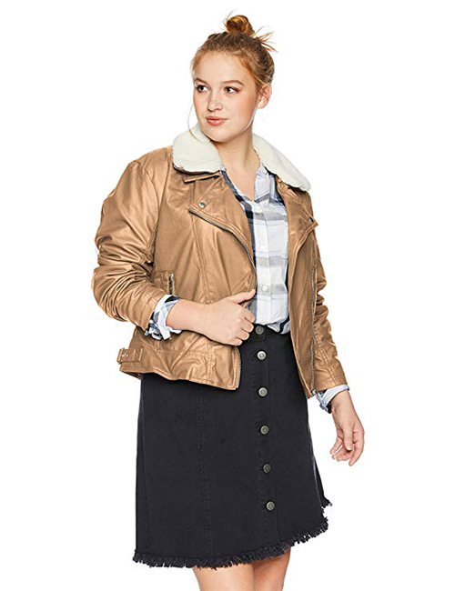 Yoki Women's Plus Size Faux Leather Moto Jacket With Sherpa Collar