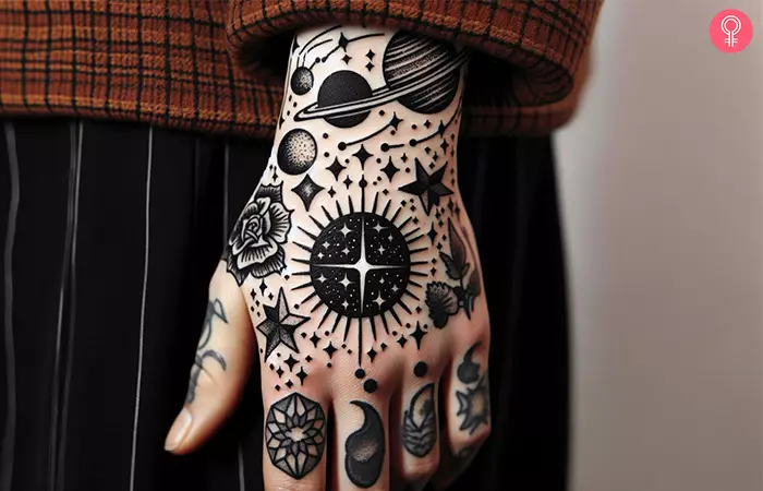 A woman with a black space hand tattoo