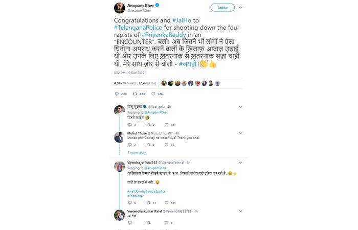 Anupam Kher congratulated the Telangana police by tweeting