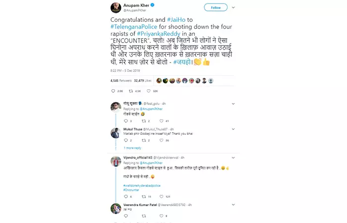 Anupam Kher congratulated the Telangana police by tweeting