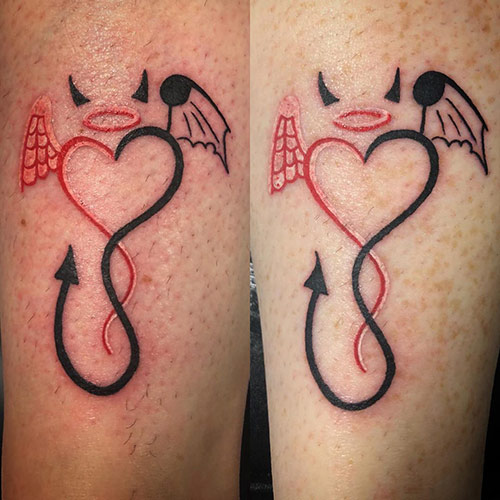 Black and red ink king and queen tattoos depicting devil and angel