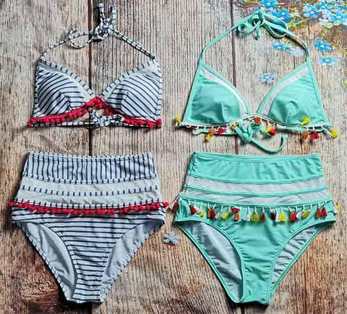 COCOSHIP Mesh Striped High-Waisted Bikini Set