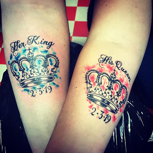 King and queen tattoos with dates and writing on forearms