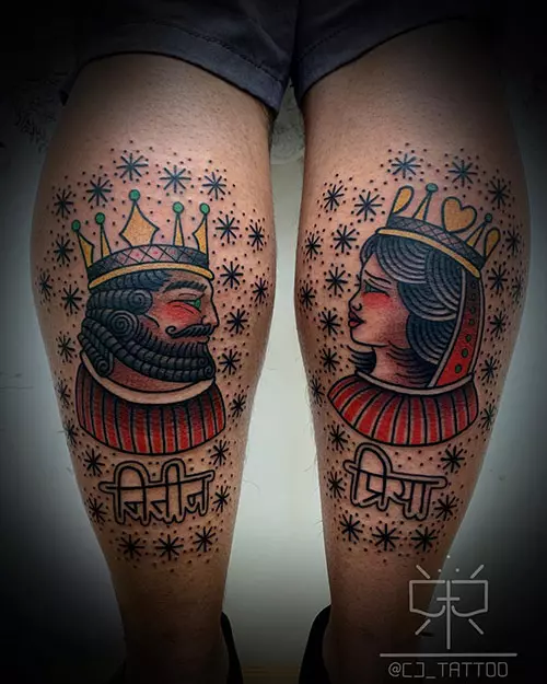 King and queen name tattoos on the calves
