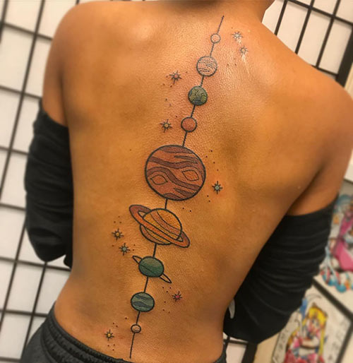 Planets on back space tattoo