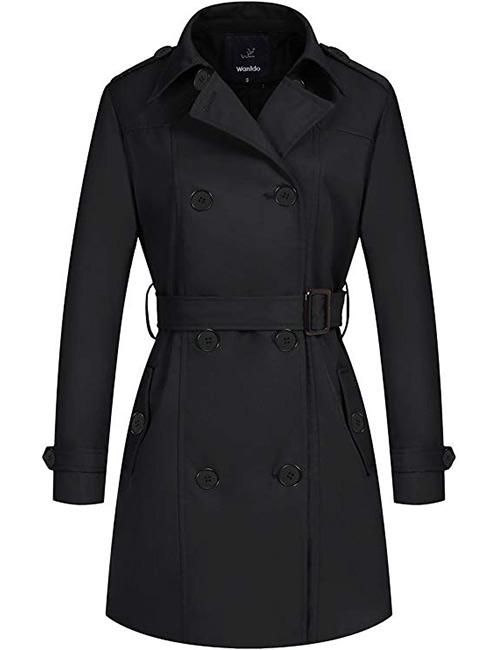 Wantdo Double-Breasted Black Trench Coat With Belt