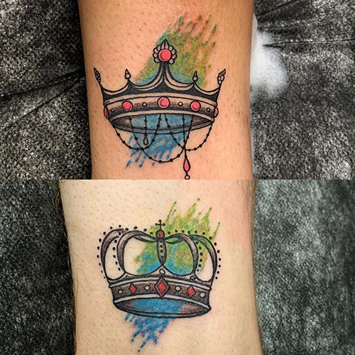 Watercolor king and queen crown tattoos on forearm
