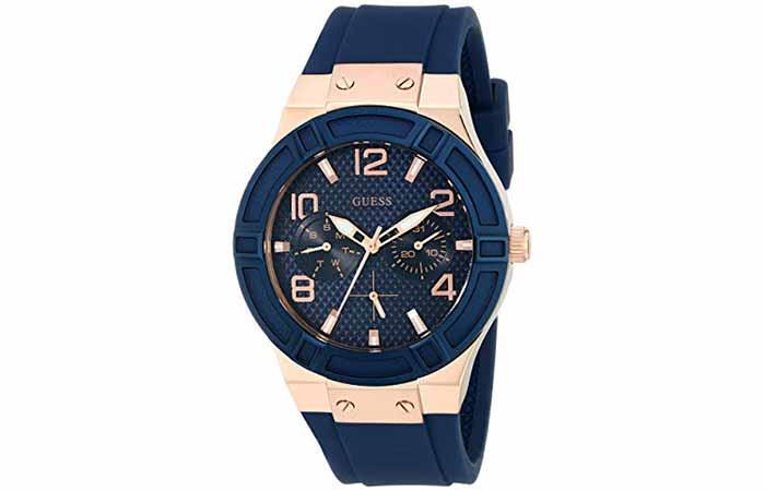 GUESS Rose Gold-Tone Iconic Navy Silicone Watch