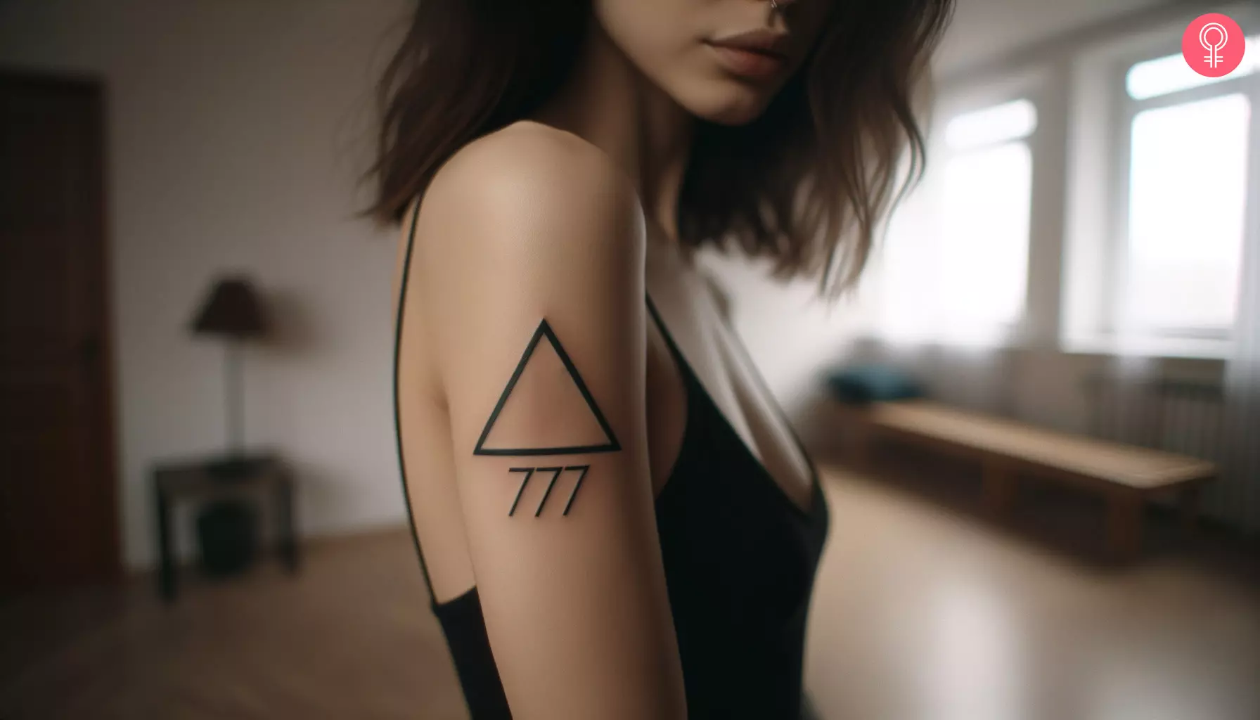 A woman with a 777 triangle tattoo on her upper arm