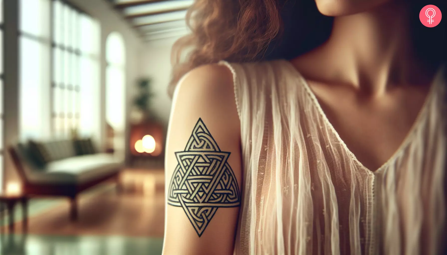 A woman with a Celtic triangle tattoo on her upper arm