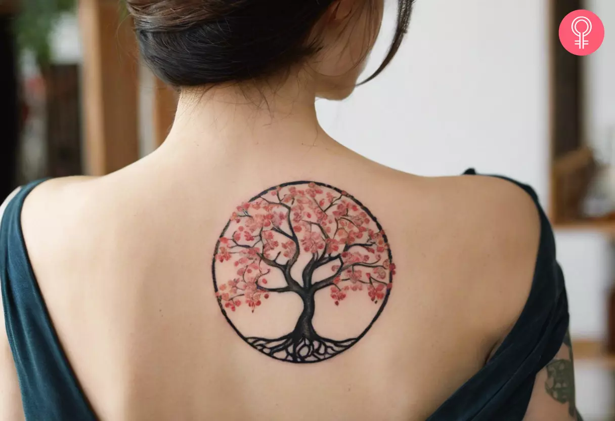 A woman with a Japanese-style tree of life tattoo design on her back