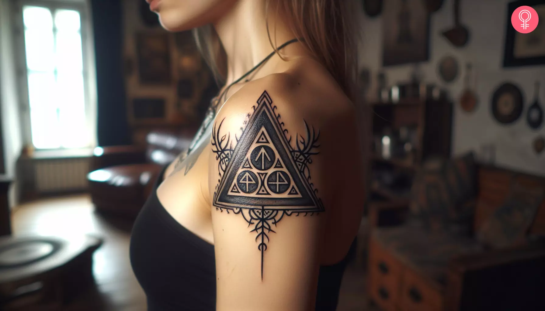 A woman with a Norse triangle tattoo on her upper arm
