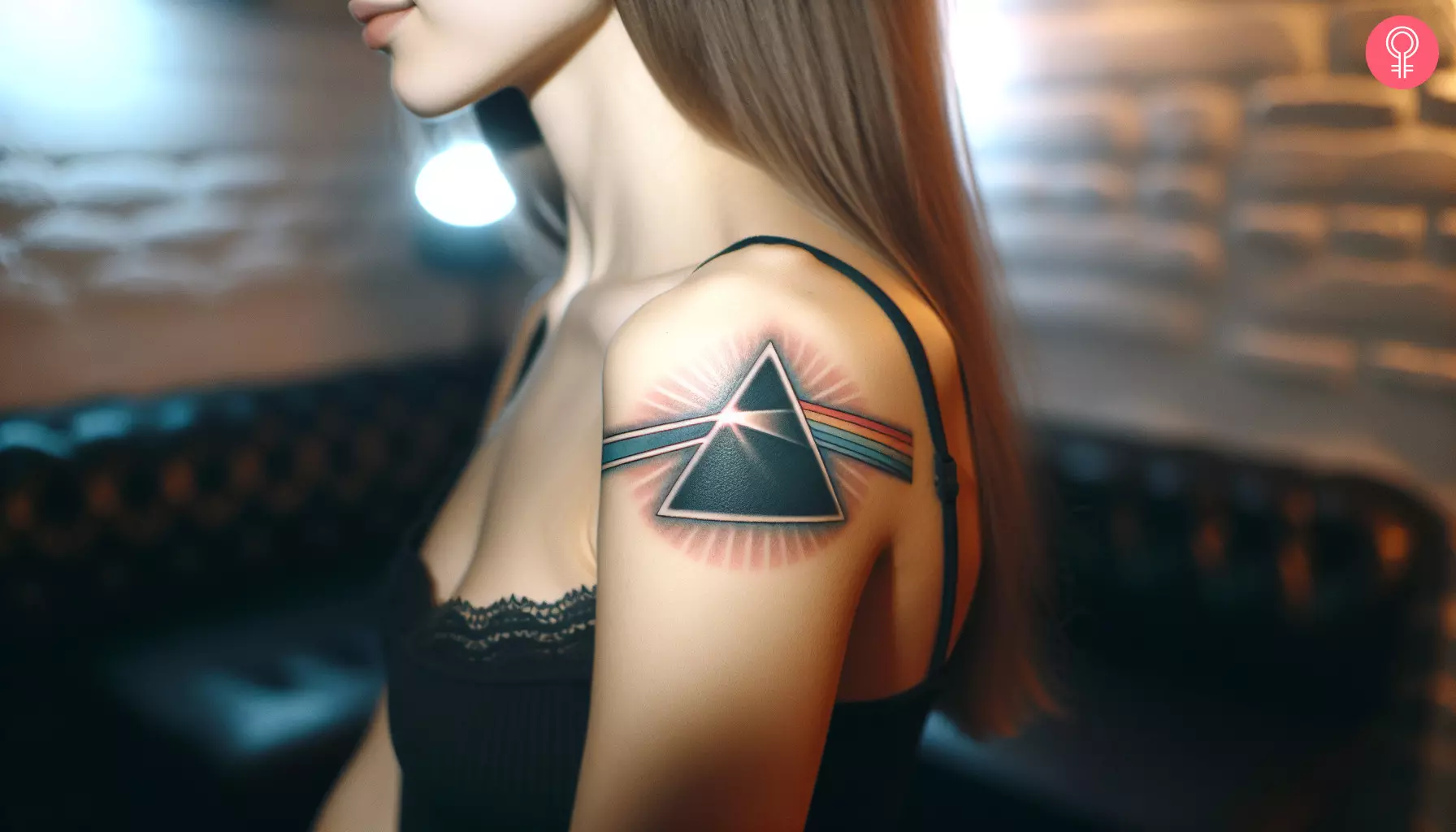 A woman with a Pink Floyd triangle tattoo on her upper arm