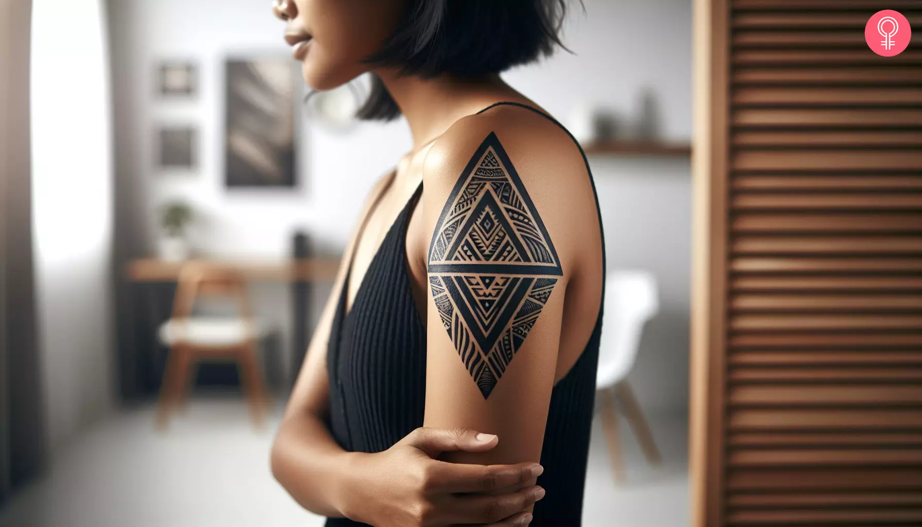 A woman with a Polynesian triangle tattoo on her upper arm