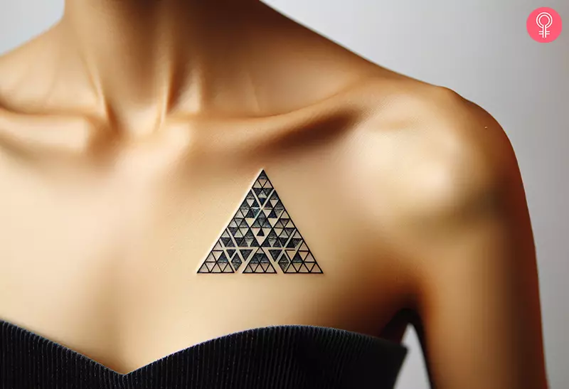 A woman with a Sierpinski triangle tattoo on her upper chest