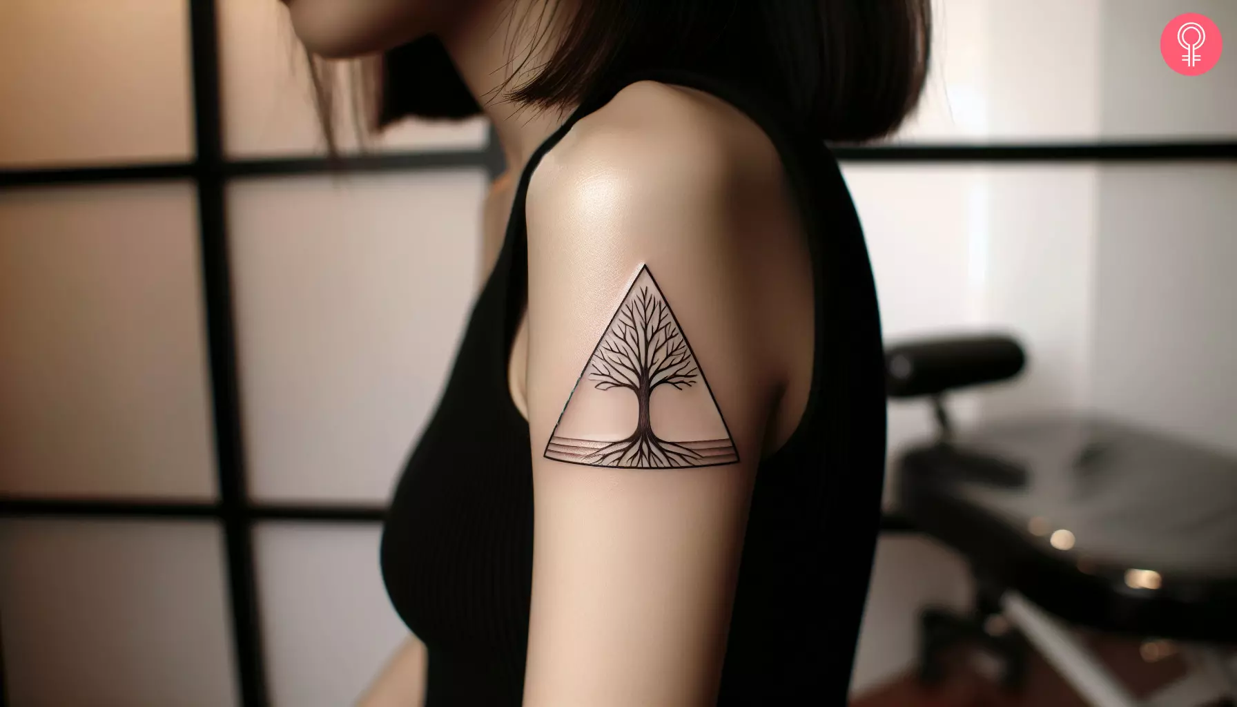 A woman with a Tree of Life triangle tattoo on her upper arm