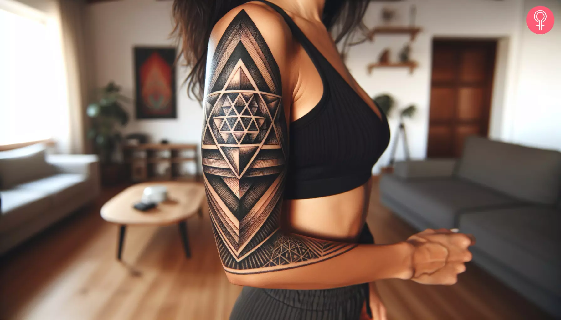 A woman with a black triangle sleeve tattoo