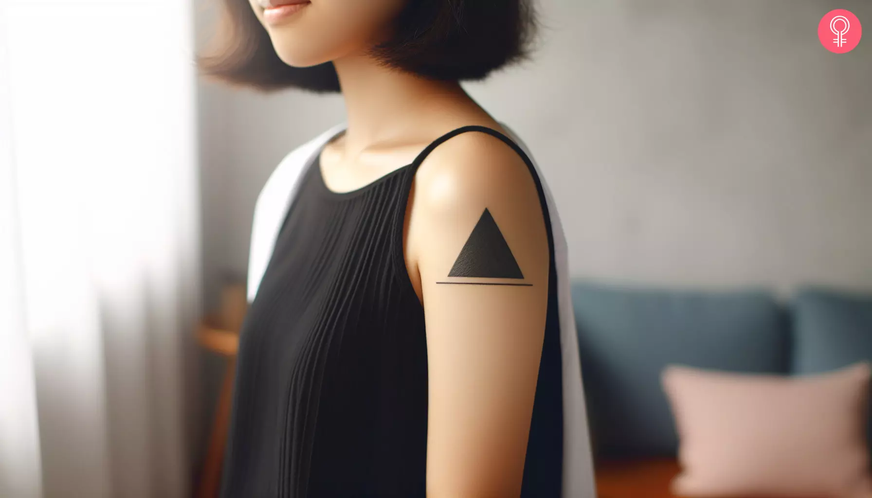 A woman with a black triangle tattoo on her upper arm