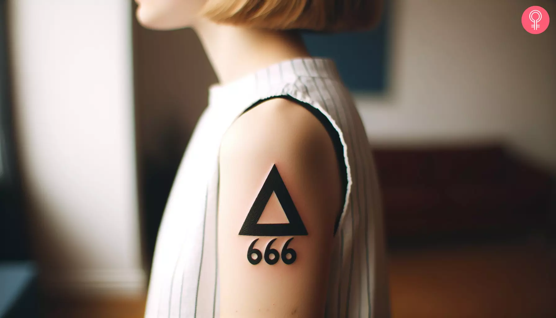 A woman with a bold 666 triangle tattoo on her upper arm