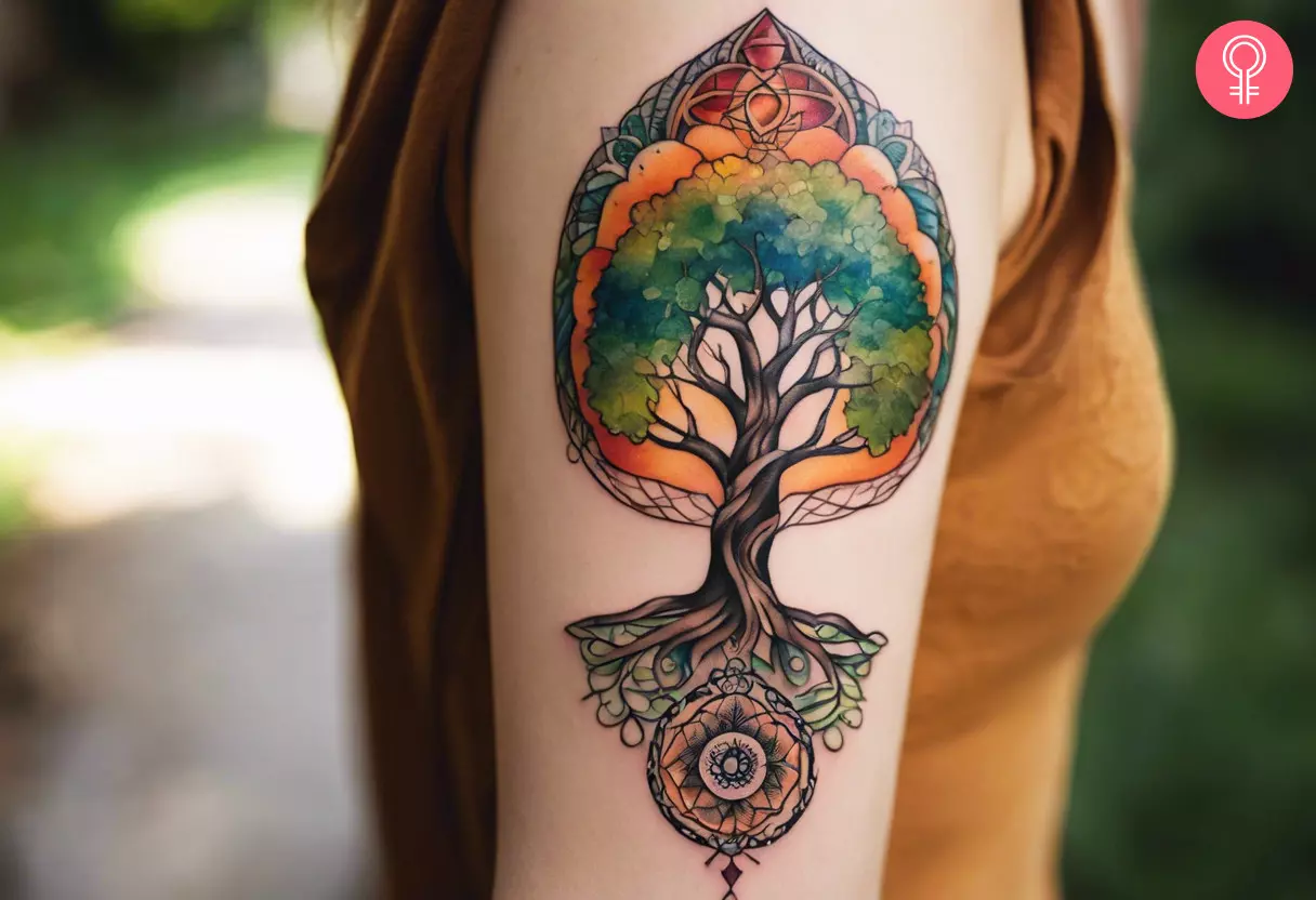 A woman with a chakra tree of life tattoo design on her upper arm