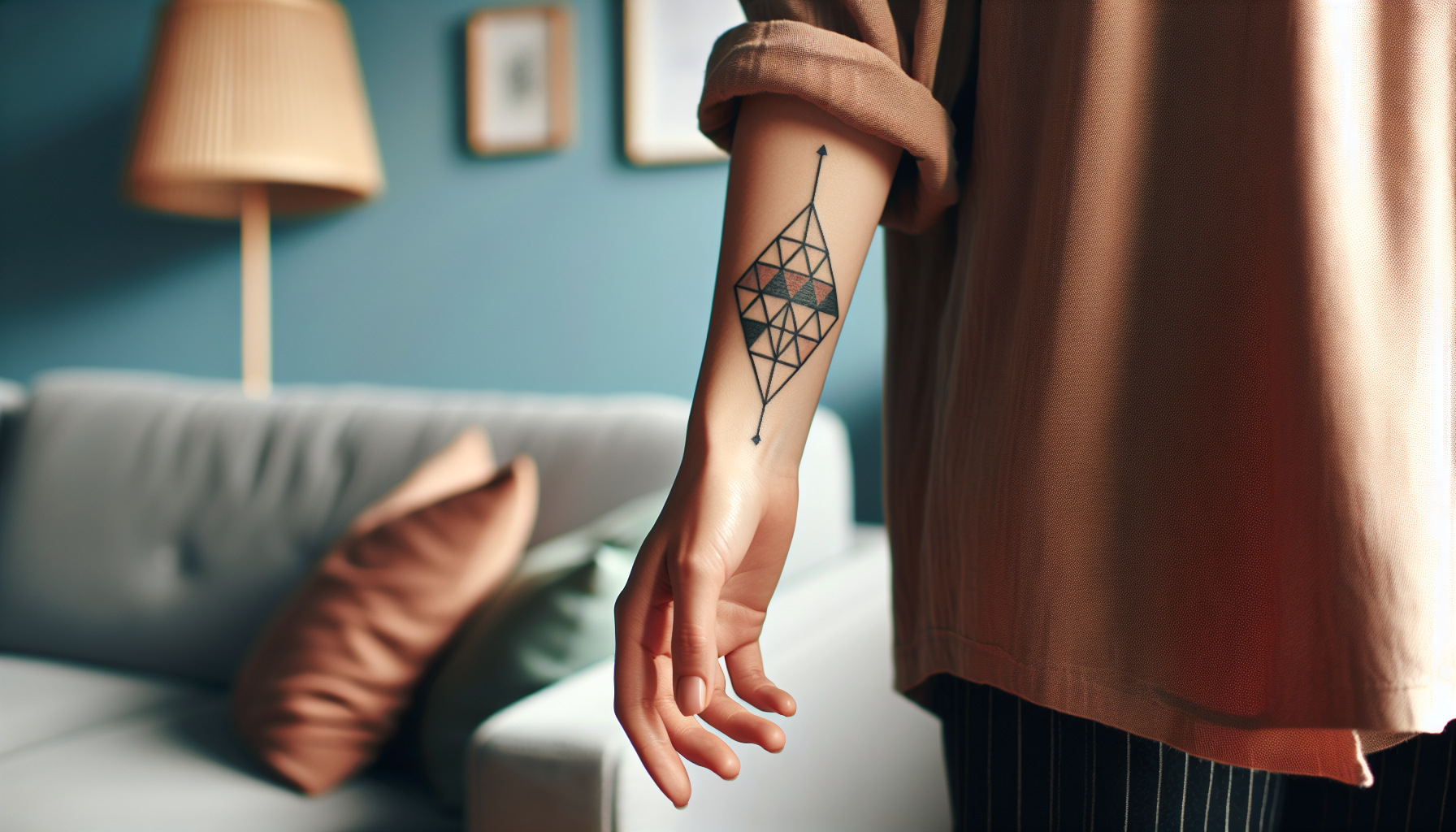 A woman with a colored triangle abstract geometric tattoo on her forearm