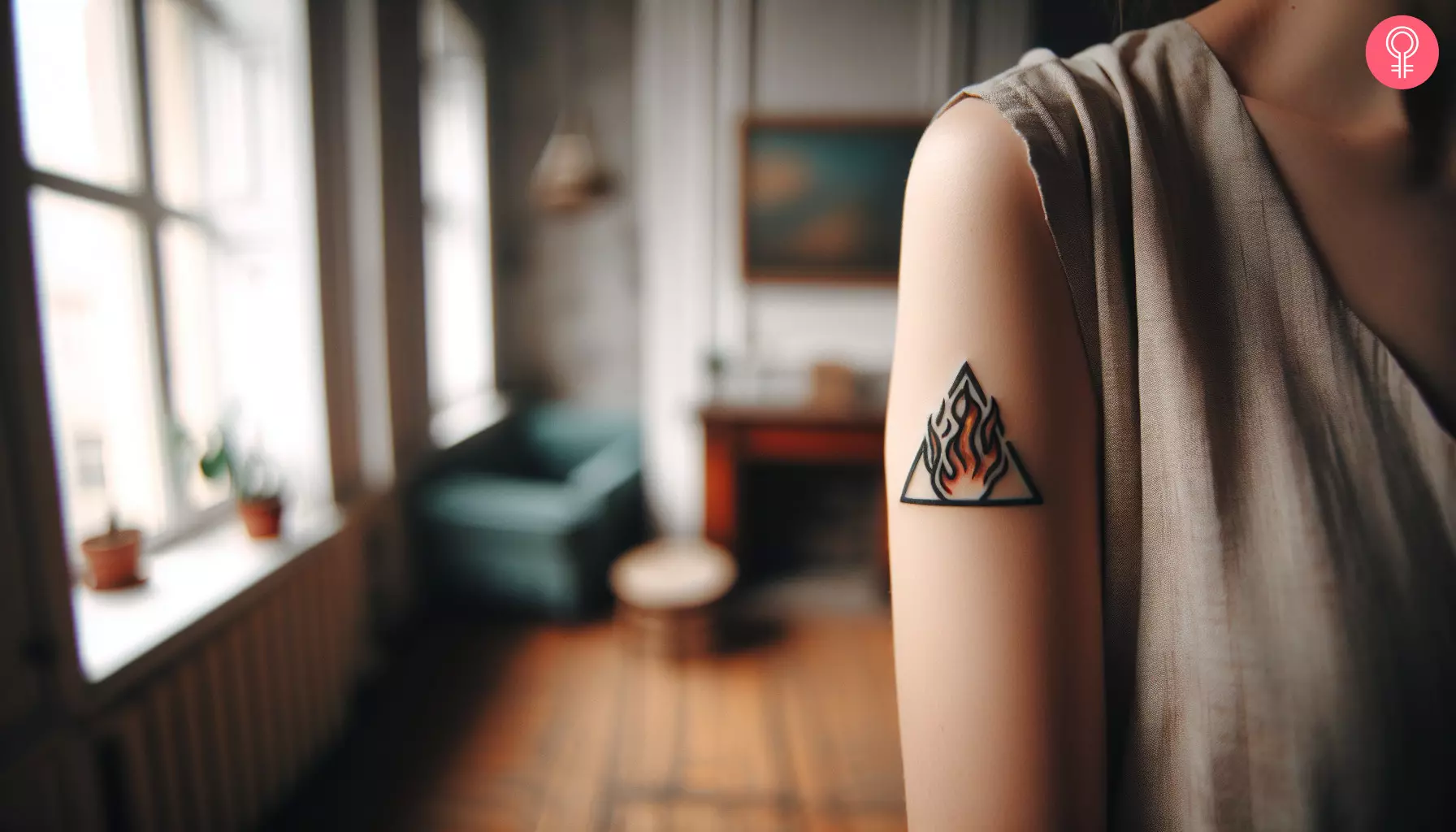 A woman with a fire triangle tattoo on her upper arm