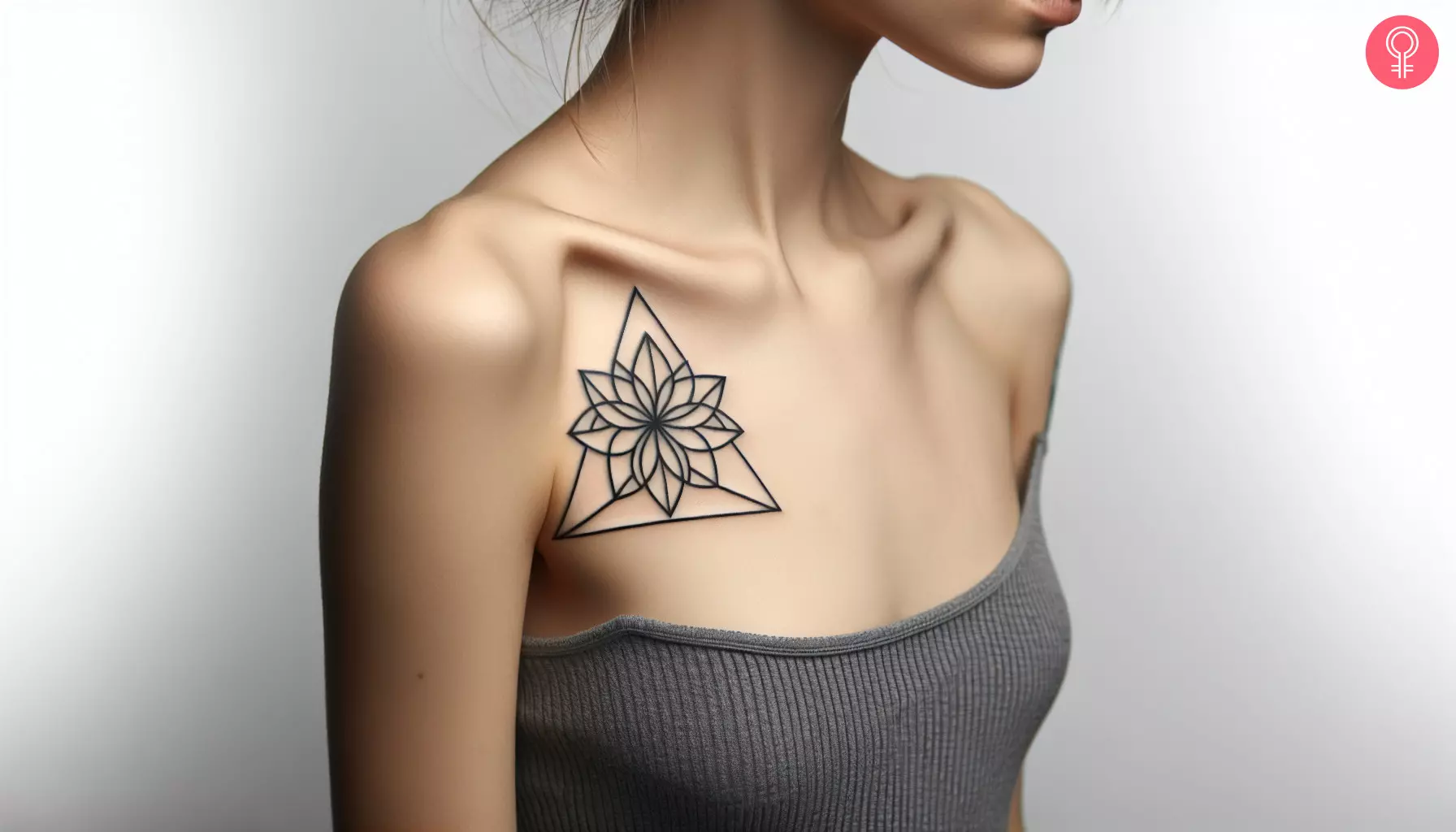 A woman with a geometric triangle flower tattoo on her upper chest