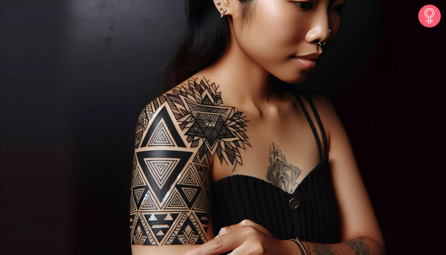 A woman with a geometric triangle pattern tattoo on her upper arm